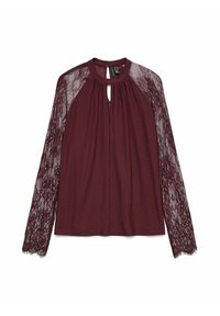 Blusa borgogna con maniche lunghe in pizzo, scollatura a chiave e tessuto arricciato. Texture morbida con dettagli in pizzo floreale lungo le maniche.