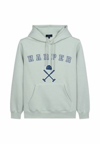 Sudadera verde claro con un bolsillo tipo canguro, que presenta "HARPER" en letras azules y un gráfico de una gorra azul sobre palos cruzados. Textura suave.