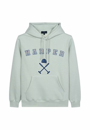 Felpa verde chiaro con tasca a marsupio, con la dicitura "HARPER" in lettere blu e una grafica di un cappello blu sopra dei poli incrociati. Tessuto morbido.