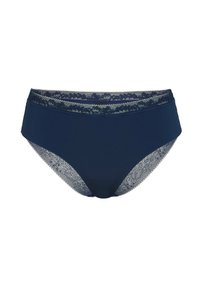 Mutande a vita alta di colore blu navy con delicata rifinitura in pizzo in vita e lungo le gambe, caratterizzate da un corpo in tessuto liscio e opaco.