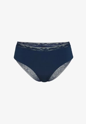 Mutande a vita alta di colore blu navy con delicata rifinitura in pizzo in vita e lungo le gambe, caratterizzate da un corpo in tessuto liscio e opaco.