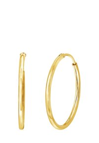 Gouden oorringen met een elegante, gepolijste afwerking, ronde vorm en een veilige sluitmechanisme. Kenmerken een gladde, reflecterende oppervlakte.