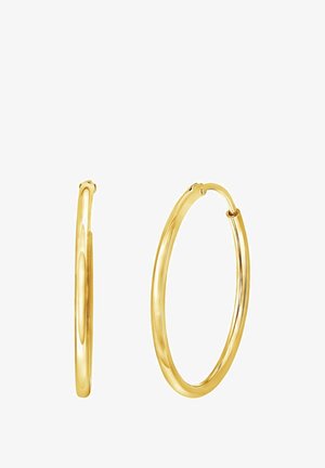 Pendientes de aro de oro con un acabado pulido y elegante, forma circular y un mecanismo de cierre seguro. Presentan una superficie lisa y reflectante.