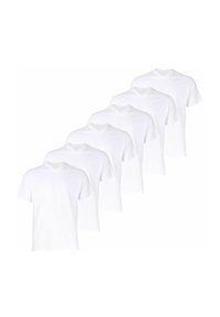 Sechserpack weiße kurzärmelige V-Ausschnitt-T-Shirts. Aus Baumwolle gefertigt, mit glatter Textur und klassischem Schnitt, ideal für die Freizeit.