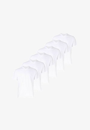 Pack of six white short-sleeve v-neck t-shirts. Made of cotton, featuring a smooth texture and classic fit, suitable for casual wear.