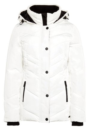 Biała pikowana zimowa kurtka z czarnymi kieszeniami na zamek, czarnymi guzikami, kapturem i ściągaczami na wewnętrznych mankietach.