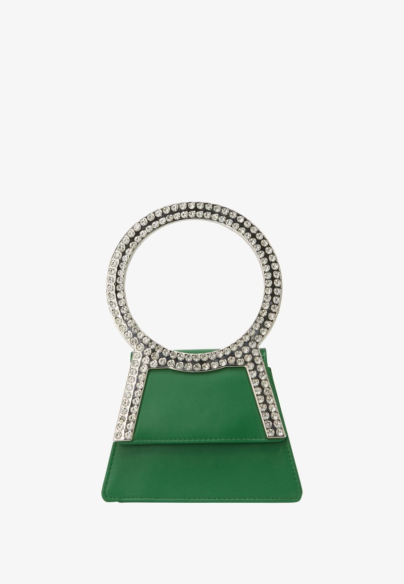 Grøn læderhåndtaske med en struktureret, trekantet form, der har et stort, rundt håndtag prydet med klare rhinsten.