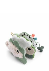 Jouet en peluche doux et multi-texturé aux couleurs pastel rose et vert. Il arbore des visages d'animaux, des motifs variés et des accents décoratifs.