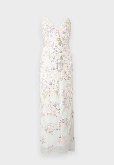 Λευκό φόρεμα μήκους μέχρι το πάτωμα με λεπτές τιράντες, V-λαιμόκοψη και παστέλ κεντήματα με λουλούδια και παγιέτες σε όλη την επιφάνεια.
