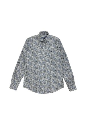 Camicia a maniche lunghe in tessuto leggero con un motivo floreale blu. Presenta un colletto classico e una chiusura con bottoni. Piccolo logo ricamato sul petto.