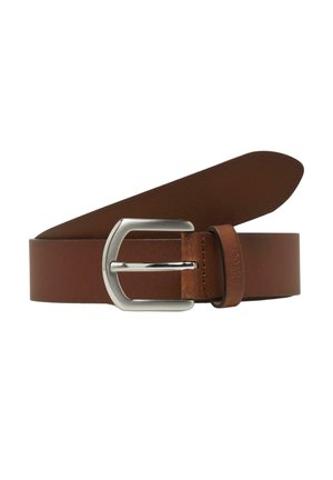 Brązowy skórzany pasek z prostokątną, srebrną metalową klamrą oraz przeszytym uchwytem paska z wytłoczonym logo marki.