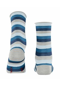 Multikleuren sokken met horizontale strepen in blauw, grijs en wit. Gemaakt van ademend materiaal met een gematteerde afwerking en verstevigde teen.