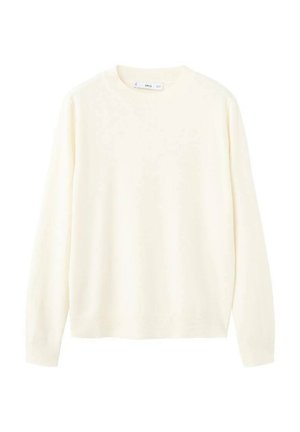 Pulover tricotat de culoare crem, cu gât rotund, mâneci lungi și manșete și tiv cu aspect nervurat, având o textură moale și un design minimalist.