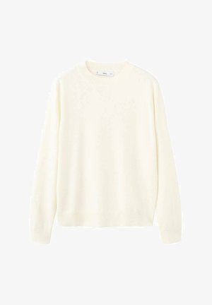 Cream-colored knit sweater with a round neck, long sleeves, and ribbed cuffs and hem, featuring a soft texture and minimalist design.