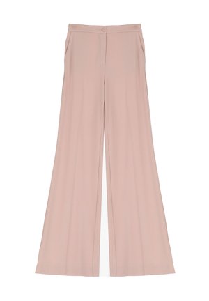 Pantaloni palazzo rosa chiaro realizzati in un materiale liscio. Presentano una chiusura con bottone, due tasche laterali e un design sartoriale per una silhouette fluida.