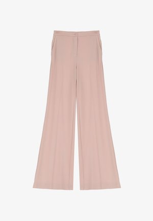 Pantaloni palazzo rosa chiaro realizzati in un materiale liscio. Presentano una chiusura con bottone, due tasche laterali e un design sartoriale per una silhouette fluida.