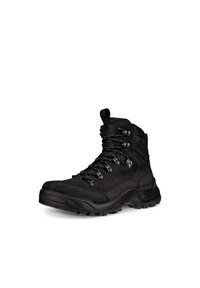 Scarpa da trekking nera con tomaia in suede e tessuto, punta rinforzata, occhielli metallici per i lacci e suola robusta per la trazione.
