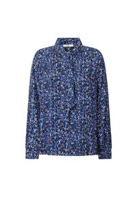 Blusa floreale blu con colletto, maniche lunghe e chiusura a bottone. Presenta un tessuto testurizzato con motivi rossi e bianchi sparsi.