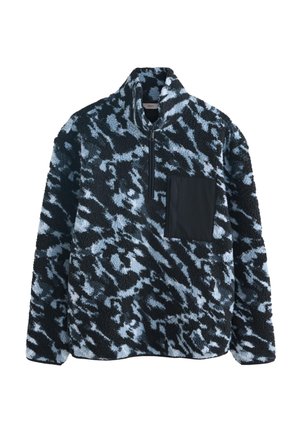 Fleece pullover with a blue and black abstract pattern, quarter zip, and a front black fabric pocket. Soft, textured material.