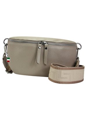 Beige strukturierten Leder Umhängetasche mit doppeltem Reißverschluss, silberner Hardware und einem verstellbaren Riemen in Beige und Braun mit Muster.