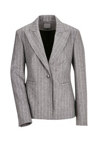 Gray pinstriped blazer made of textured fabric. Features a notched collar, a single button closure, and two front pockets.