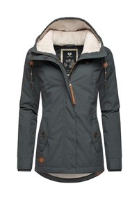 Gray waterproof jacket with a faux fur-lined hood, zip and button closure, side pockets, and decorative accents in tan and gold.