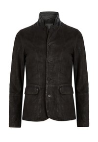 Chaqueta de cuero negra con un alto cuello, cierre de botones en la parte delantera y dos bolsillos delanteros. Presenta una textura suave y un corte entallado.