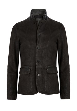 Black leather jacket with a high collar, button front, and two front pockets. Features a smooth texture and tailored fit.
