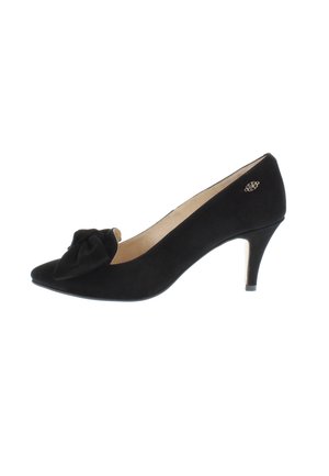 Black suede mid-heel pump with pointed toe, decorative bow on front, and small gold emblem near heel.