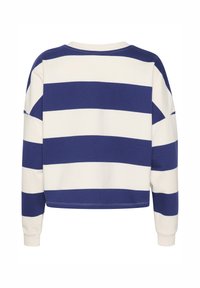 Gestreifter Sweatshirt mit breiten, horizontalen Streifen in Marineblau und Weiß, Rundhalsausschnitt, langen Ärmeln und einem cropped Design aus weichem Material.