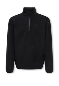 Svart fleecegenser med høy krage og kvart zip. Har en diskret logo på brystet og lange ermer. Myk tekstur.