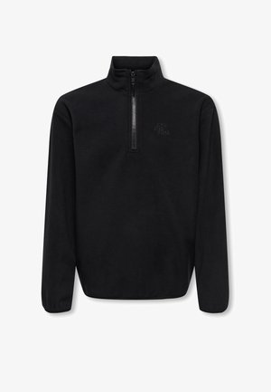 Zwarte fleecetrui met hoge kraag en kwart-rits. Heeft een subtiele logo op de borst en lange mouwen. Zachte textuur.