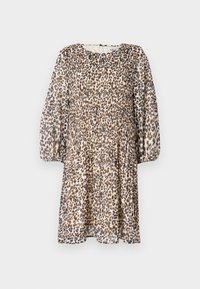 Leopard print dress with a smocked bodice, long puff sleeves, and a flowy skirt. Made from lightweight, sheer fabric in beige and brown tones.