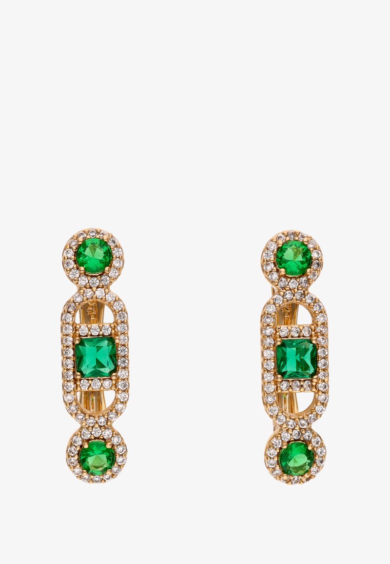 Aranyszínű fülbevalók zöld négyzet és kerek drágakövekkel, amelyek körül áttetsző kristályok helyezkednek el egy geometrikus mintában. Simább textúra, kifinomult forma.