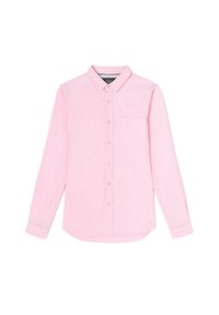 Camicia button-up rosa chiaro con righe verticali, maniche lunghe e una tasca sul petto. Realizzata in tessuto morbido con colletto classico.
