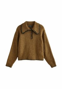 Pruun kudumiselsweater, ribatud kraega, tumeroheline aktsentidega, ees nupukesed ja lõdva lõikega. Tekstuuriga kangas ja pikad varrukad.