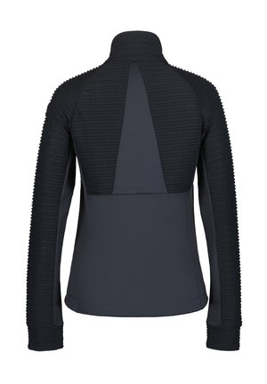 Czarna sportowa kurtka z wysokim kołnierzem, z prążkowanym wzorem na ramionach i rękawach, oraz gładkim materiałem na korpusie. Widok z tyłu.