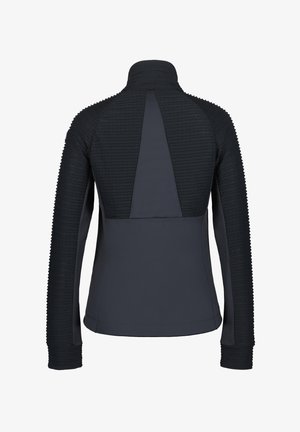 Black athletic jacket with a high collar, featuring ribbed texture on shoulders and sleeves, and smooth fabric on the body. Back view.