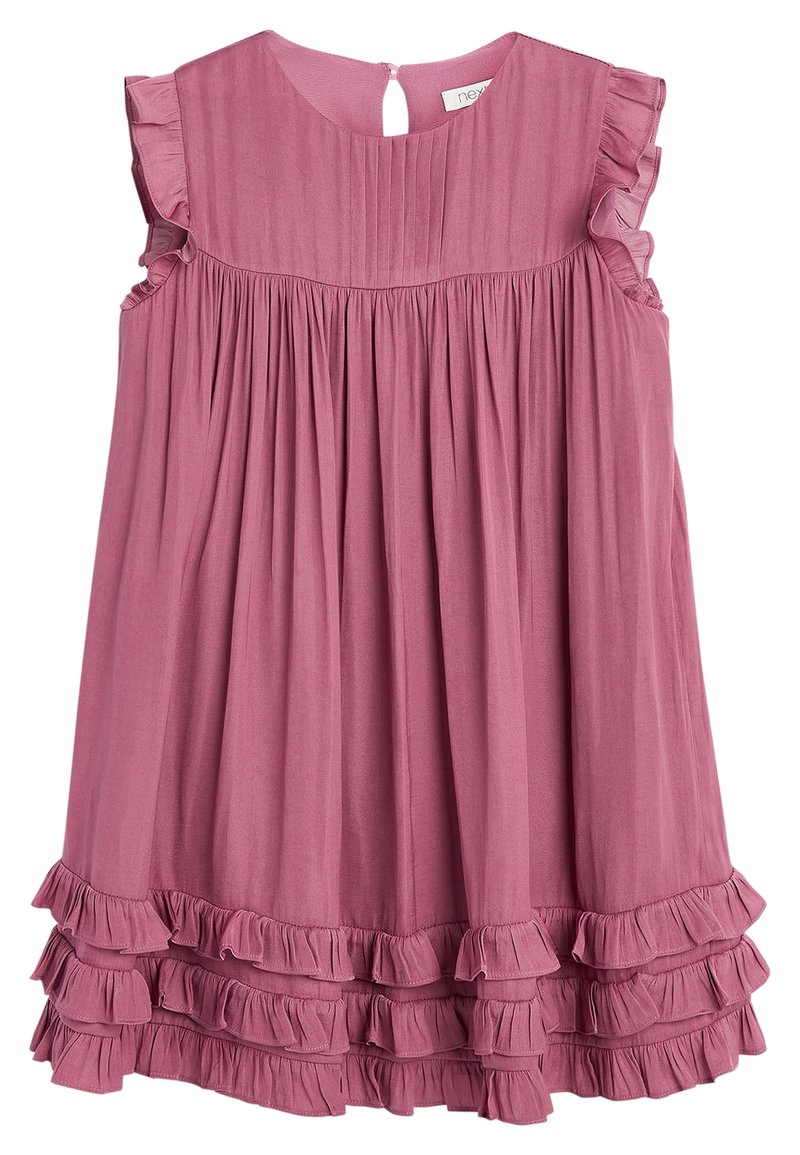 Rosa ärmelloses Kleid mit Rüschendetails, plissiertem Mieder und gestuftem Rüschensaum, aus weichem Stoff gefertigt. Mit einer Rückenschlitzöffnung.