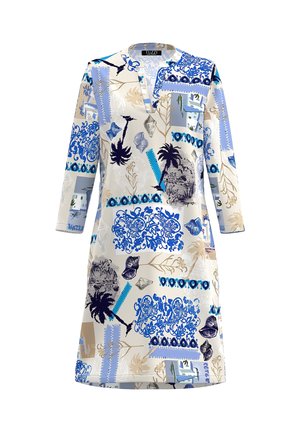 Robe beige à manches longues avec des motifs tropicaux bleus et noirs, comprenant des palmiers, des coquillages et des motifs floraux, dotée d'un col en encoche.