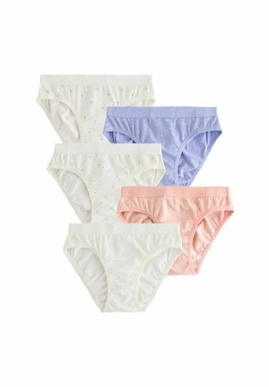 Cinque paia di mutandine di cotone in bianco, rosa chiaro e blu chiaro. Due paia bianchi presentano piccoli motivi a cuore, mentre gli altri hanno pois.