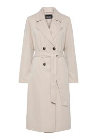 Lys beige dobbelspent trenchcoat med vide slag, svarte knapper, belte i samme stoff og lange ermer.