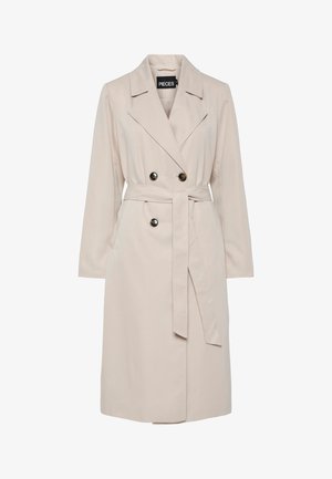 Light beige double-breasted trench coat with wide lapels, black buttons, a matching fabric belt, and long sleeves.