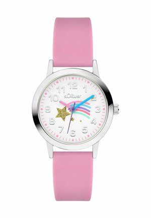 Montre ronde en argent avec bracelet en silicone rose, cadran blanc, arc-en-ciel pastel, étoiles scintillantes, et aiguilles roses, bleues et violettes indiquant 2:10:32.