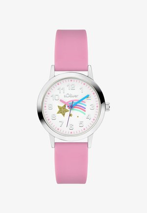 Ronde zilveren horloge met roze siliconen band, witte wijzerplaat, pastel regenboog, glinsterende sterren en roze, blauwe en paarse wijzers die 2:10:32 aangeven.