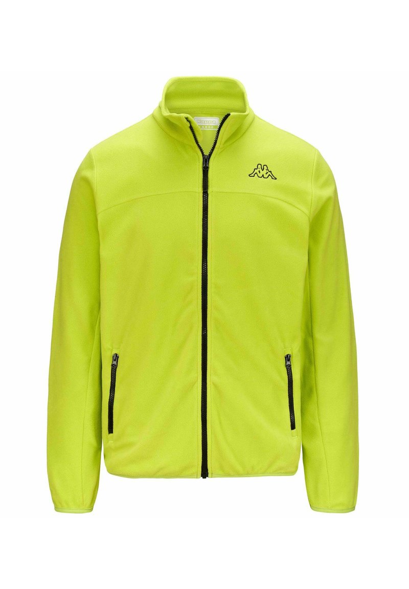 Giacca in pile neon gialla brillante con colletto alto, zip frontale e due tasche laterali con zip. Presenta un logo nero sul petto.