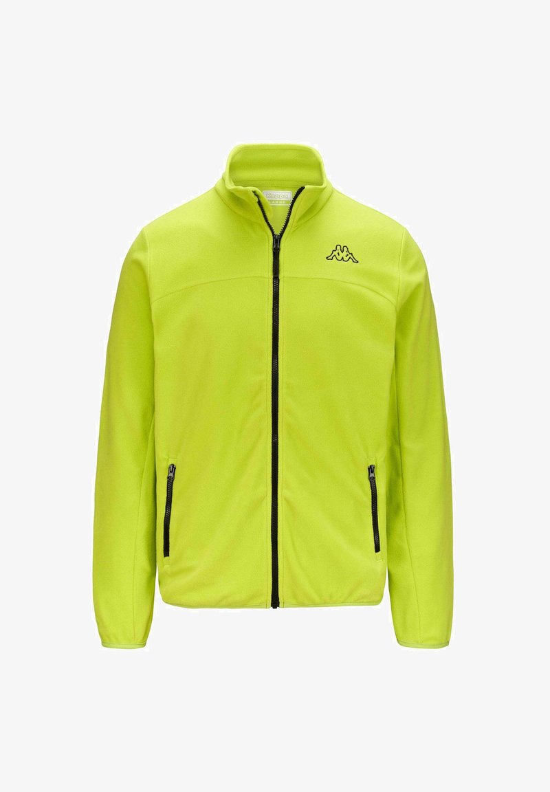 Giacca in pile neon gialla brillante con colletto alto, zip frontale e due tasche laterali con zip. Presenta un logo nero sul petto.