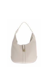 Hobo-tas gemaakt van lichtbeige leer, met een gebogen vorm, een plat schouderbandje en een goudkleurig accentdetail in het midden.