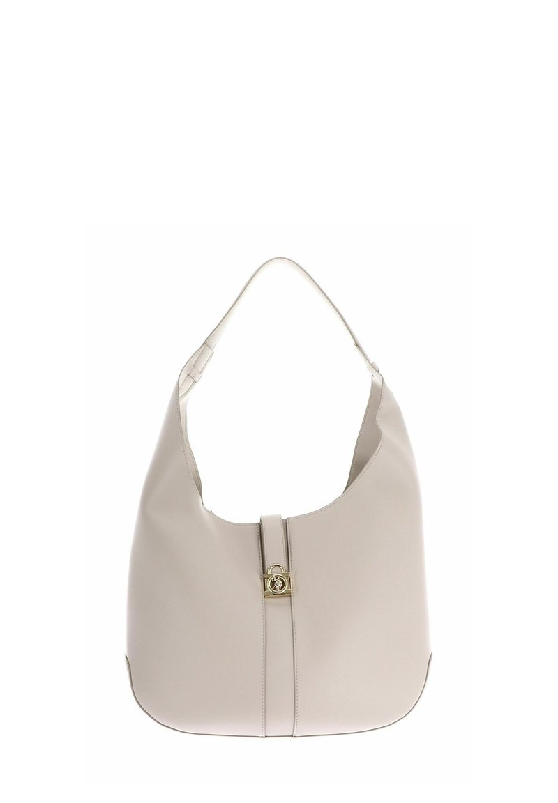 Hobo-tas gemaakt van lichtbeige leer, met een gebogen vorm, een plat schouderbandje en een goudkleurig accentdetail in het midden.