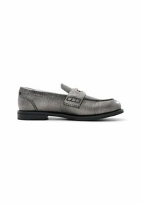 Gray leather loafers with a smooth finish, a stitched toe cap, and a decorative strap feature. Rounded toe and low black heel.